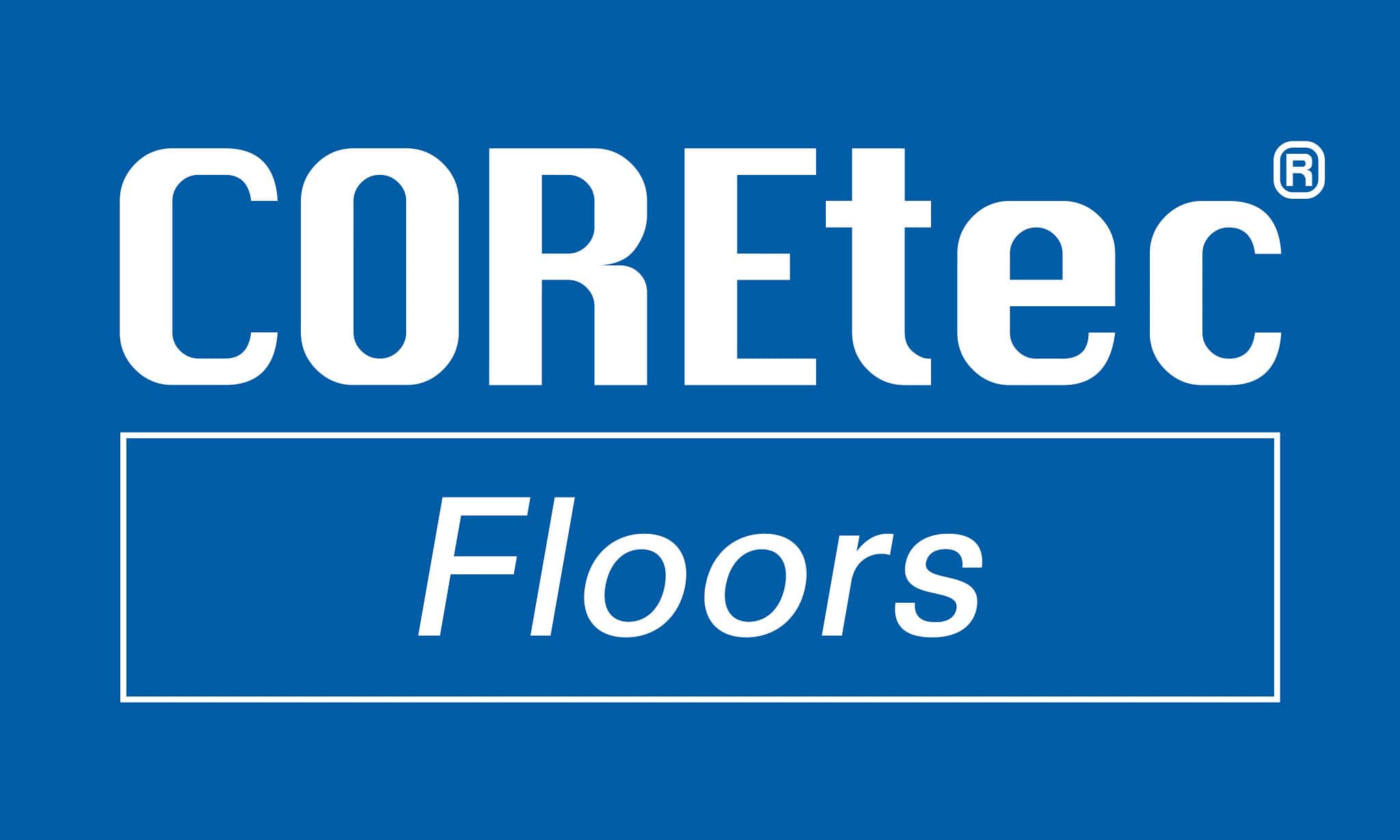 The COREtec Floors logo. The word "COREtec" is in a large, white, bold sans-serif font, and the word "Floors" is in a white italicized font inside a thin white rectangular border, all set against a solid blue background.