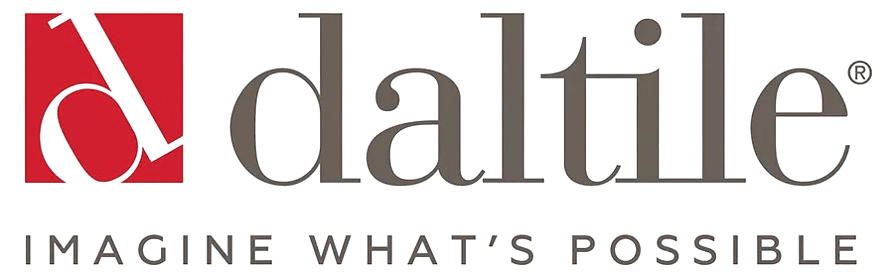 Logo for Daltile featuring a red square on the left with a white stylized "d" inside it. To the right, the word "daltile" is written in a bold, taupe serif font, with the slogan "IMAGINE WHAT’S POSSIBLE" in a clean, all-caps grey font underneath.