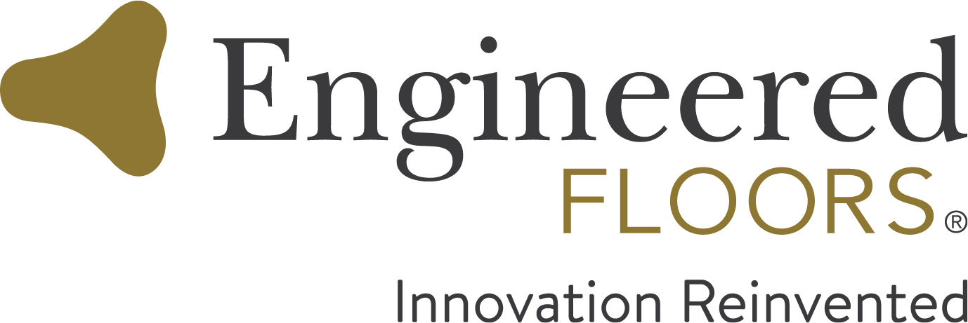 Logo for Engineered Floors featuring an abstract, mustard-yellow triangular shape with rounded corners on the left. The word "Engineered" is in a dark grey serif font, with "FLOORS" in a smaller, mustard-yellow sans-serif font below it. The slogan "Innovation Reinvented" appears at the bottom in a thin, dark grey font.
