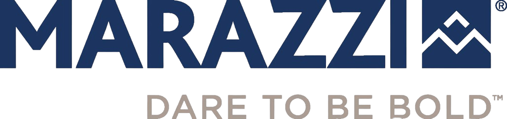 Logo for Marazzi with the brand name in bold, navy blue, all-caps sans-serif letters. A blue square icon with a white "M" mountain-like chevron is at the end. Below the brand name, the slogan "DARE TO BE BOLD" is written in a smaller, taupe-colored sans-serif font.