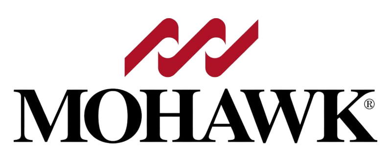 Logo for Mohawk featuring three diagonal, stylized crimson waves or "M" shapes stacked above the brand name. The word "MOHAWK" is written in a bold, black, all-caps serif typeface.
