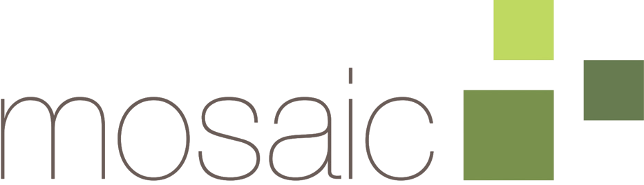 Logo for Mosaic consisting of the brand name in a thin, lowercase, dark brown sans-serif font. To the right of the text are three squares: one light green square positioned at the top and two olive green squares forming an "L" shape below and to the right of it.