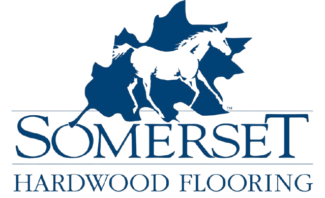 Logo for Somerset Hardwood Flooring featuring a blue silhouette of a maple leaf with a white horse galloping across it. Below the graphic, the word "SOMERSET" is in a blue serif font, underlined, with "HARDWOOD FLOORING" written underneath in a matching blue.