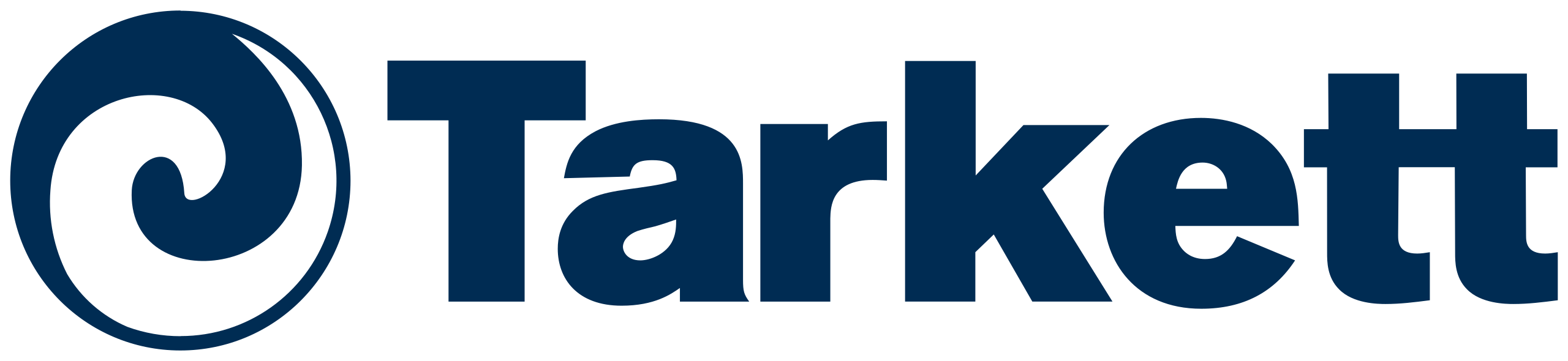 Logo for Tarkett featuring a large, dark blue circular swirl icon on the left. To its right, the brand name "Tarkett" is written in a bold, dark blue sans-serif typeface.